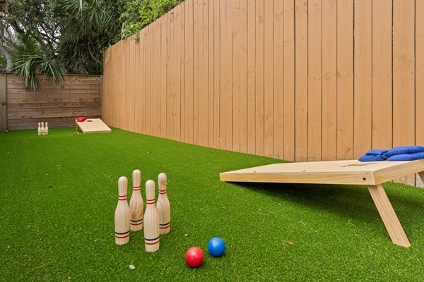 Play Lawn Bowling, Cornhole or ring toss on the lawn games area