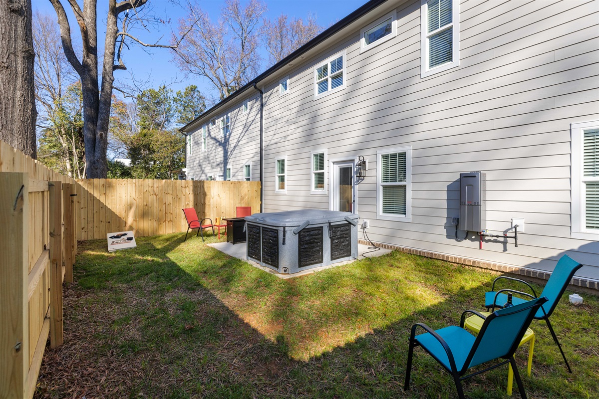 Fully fenced yard for privacy when using the hot tub.