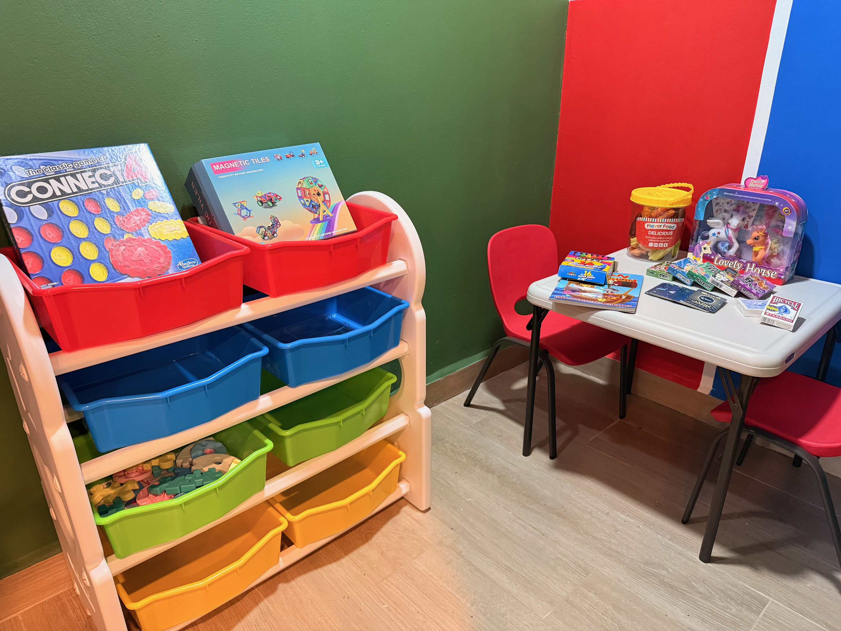 Connect 4, card games, toys, and more. Enough for a rainy afternoon.