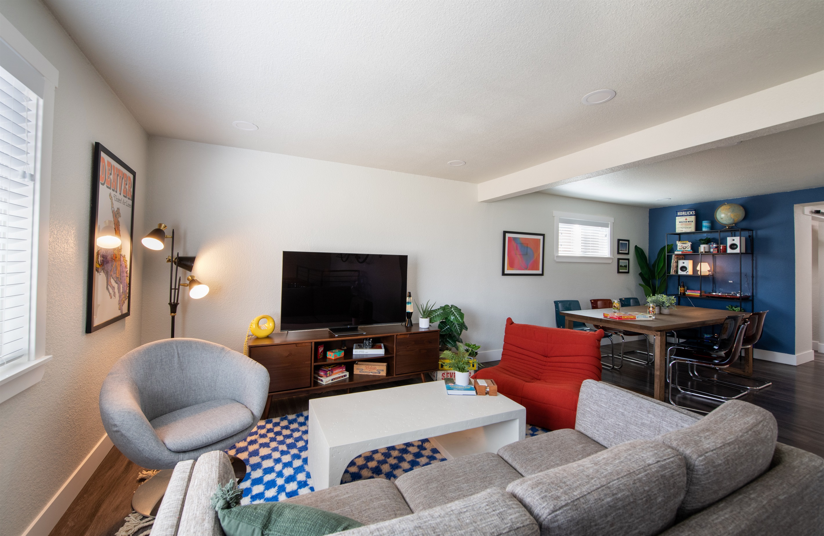 another view of living room and dining area
