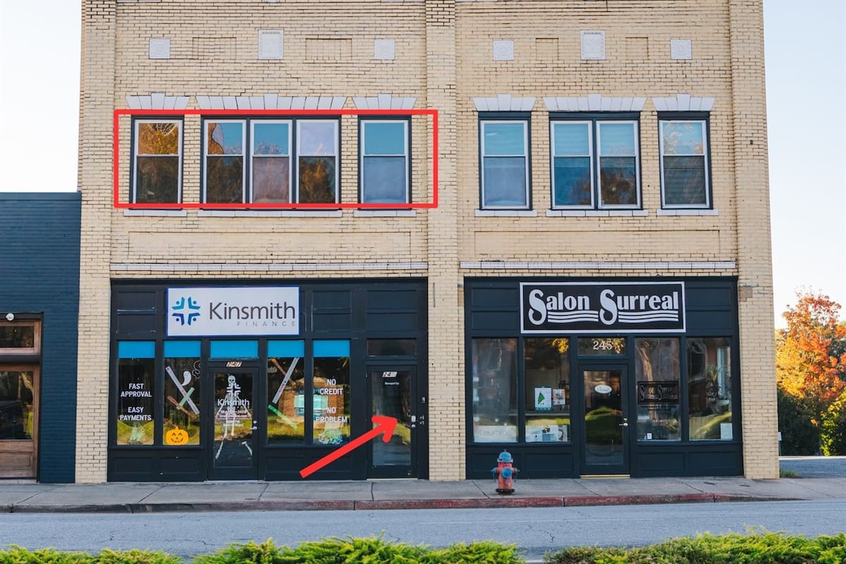 Arrow at Front door and Red Box is the apartment