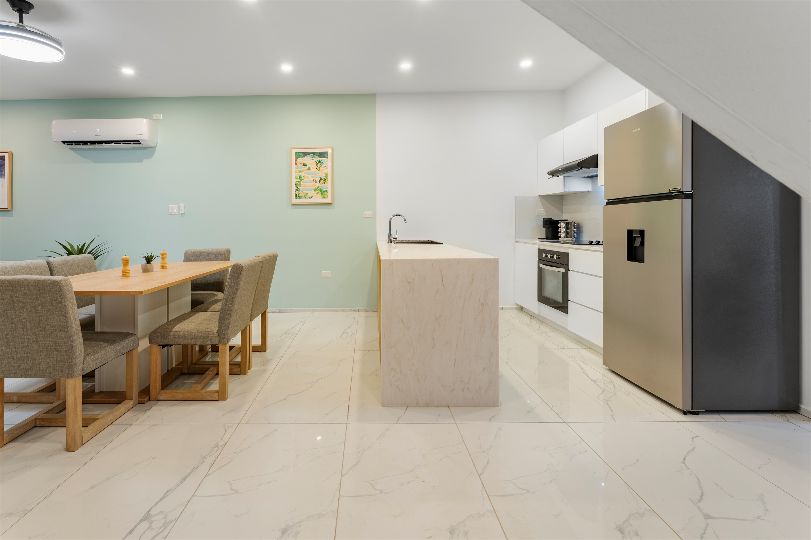 Fully Equipped Kitchen with Island, Stainless Steel Appliances & Coffee Station