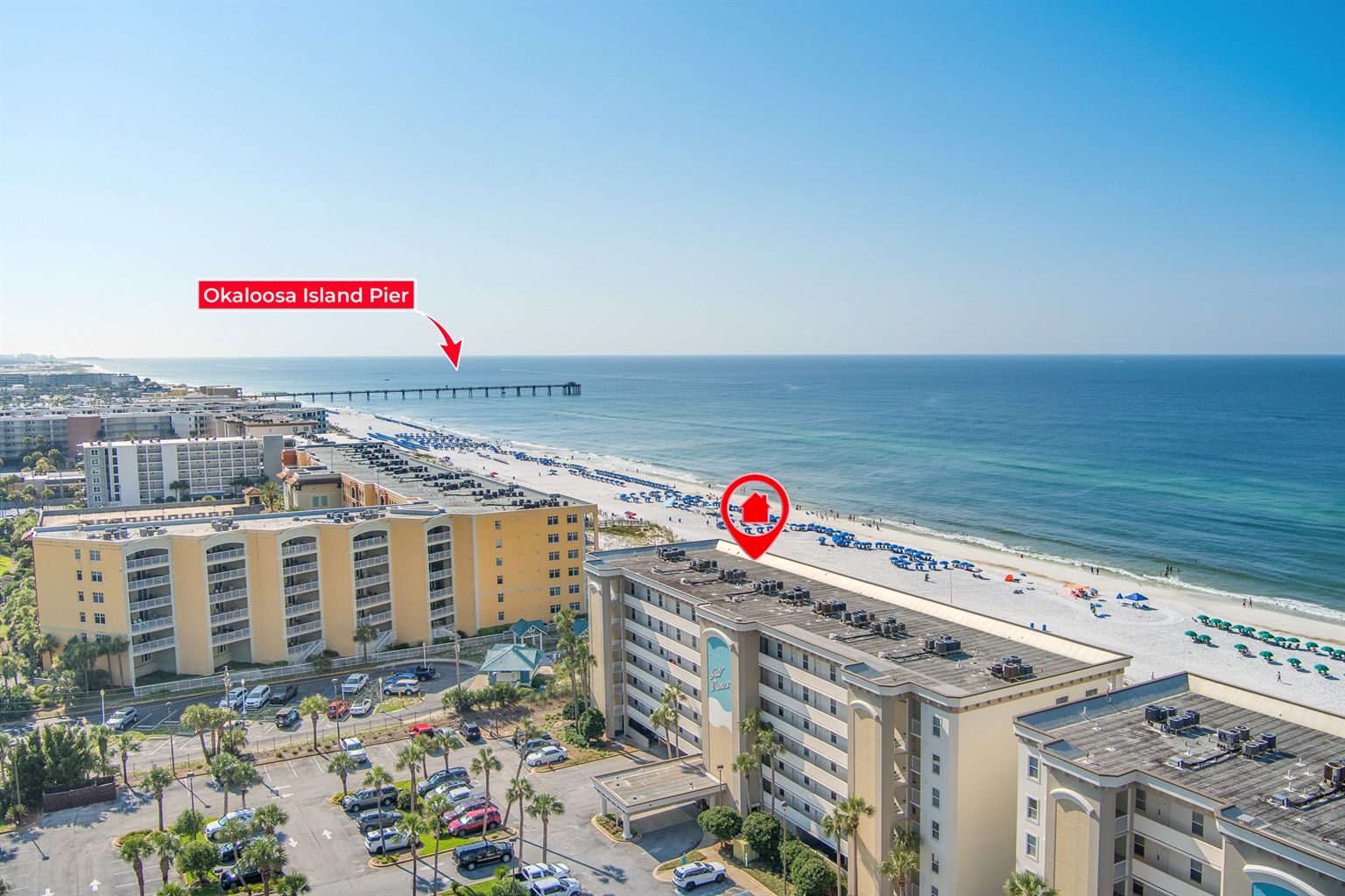 Gulf Dunes is on the east side of the island.  Close to the pier and boardwalk.
