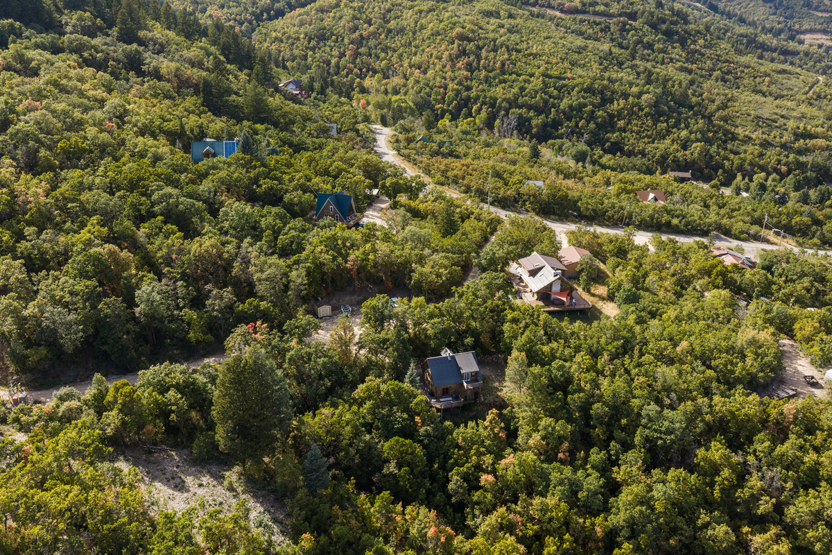 Bird’s-eye view of the peaceful cabin area tucked into the trees.