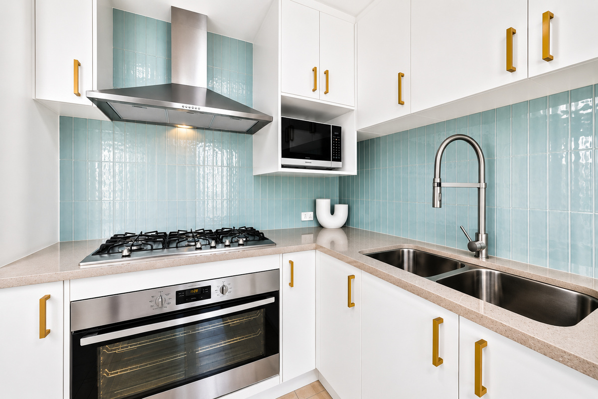 The gas cooktop, oven, microwave, refrigerator and dishwasher give The Duchess of Duke a practical kitchen setup for meals at home.