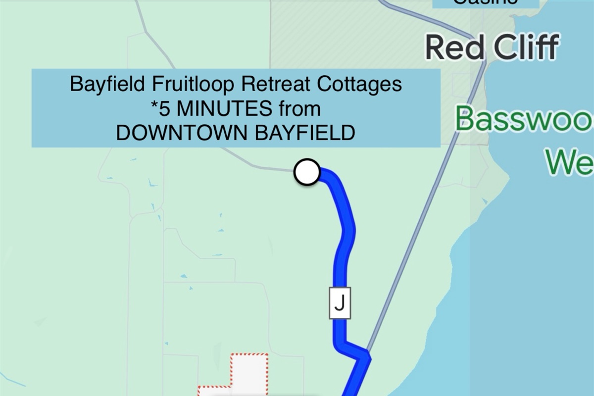 5 minutes from downtown Bayfield, WI. Cottage tucked away into the woods but only minutes to activities of downtown. We are located on the “Fruitloop” road going around Bayfield town 