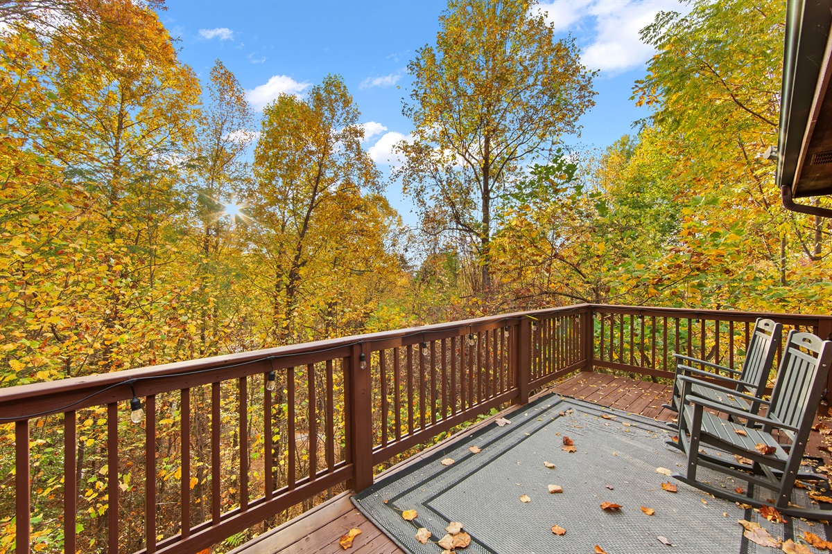 A serene cabin deck with rustic rocking chairs invites you to unwind while taking in the stunning natural surroundings and enjoying the sounds of nature.