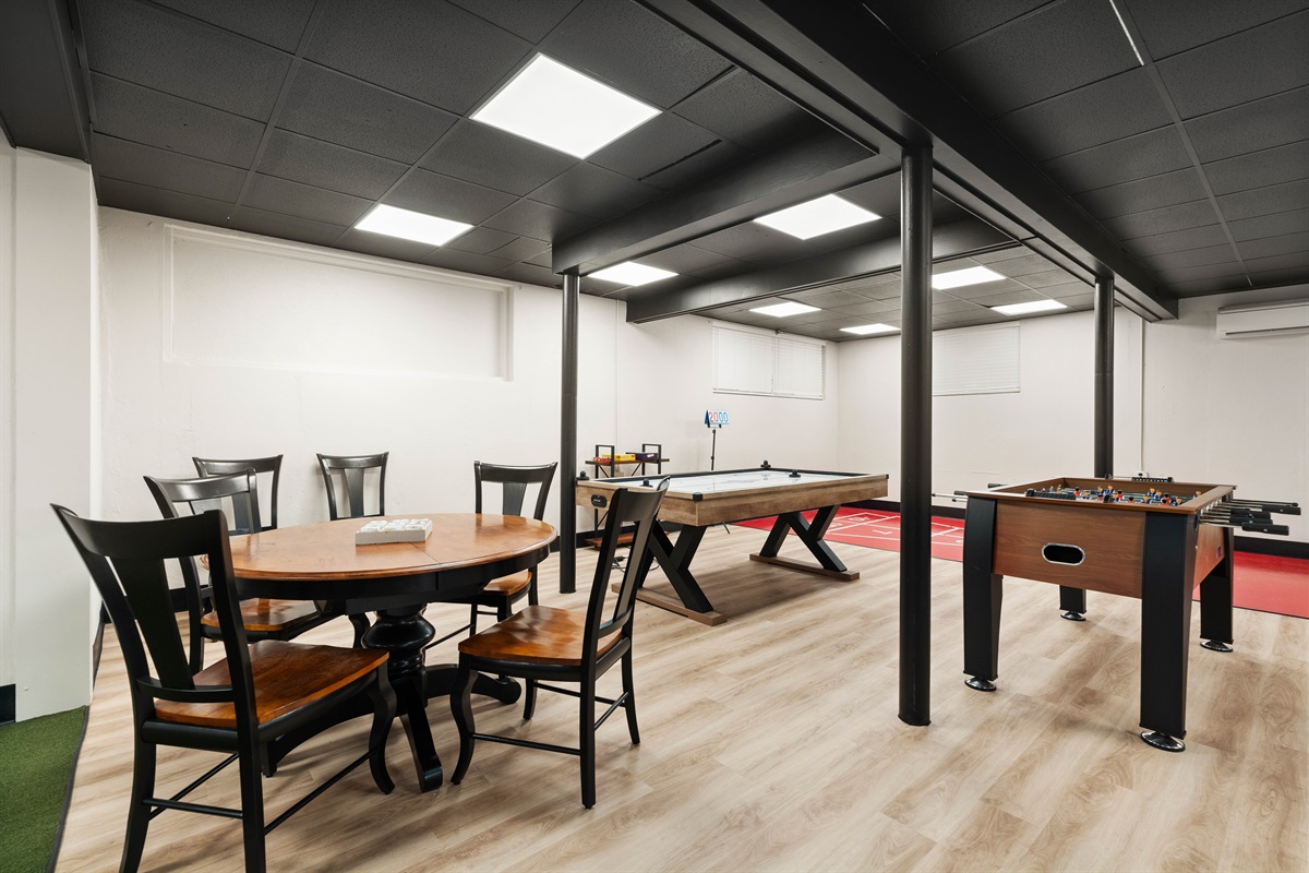 Basement Game Zone: Pool, ping pong, shuffleboard, foosball, air hockey