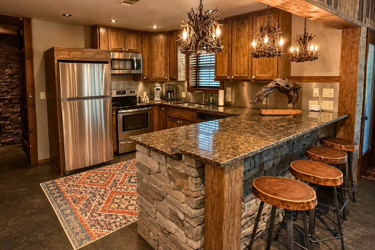 The lower kitchen offers plenty of counter space and casual bar seating, making it an easy spot to grab a bite or hang out between games and activities.