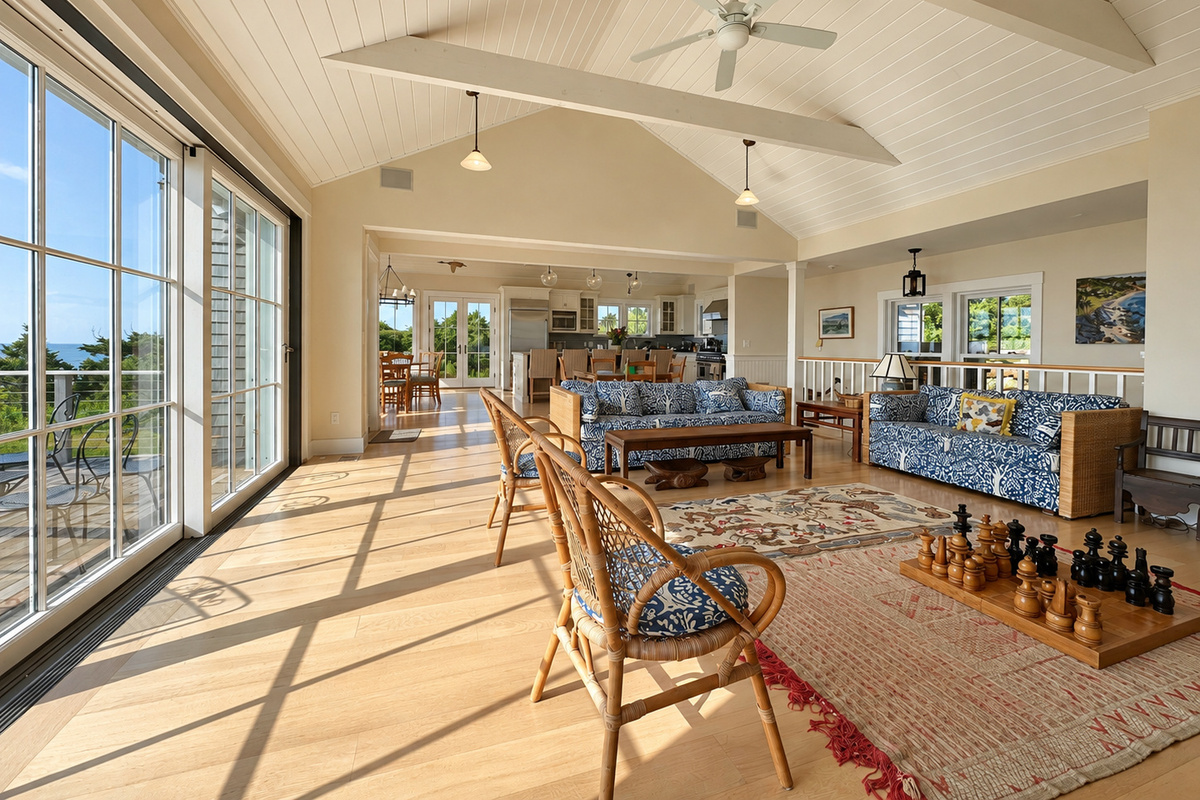 Open living room with vaulted ceiling