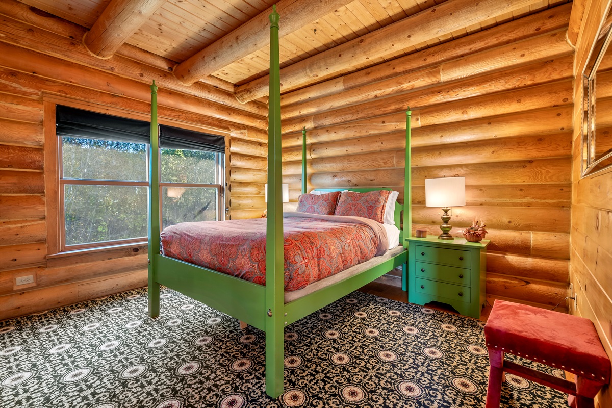 Second bedroom featuring a queen bed and plenty of storage.