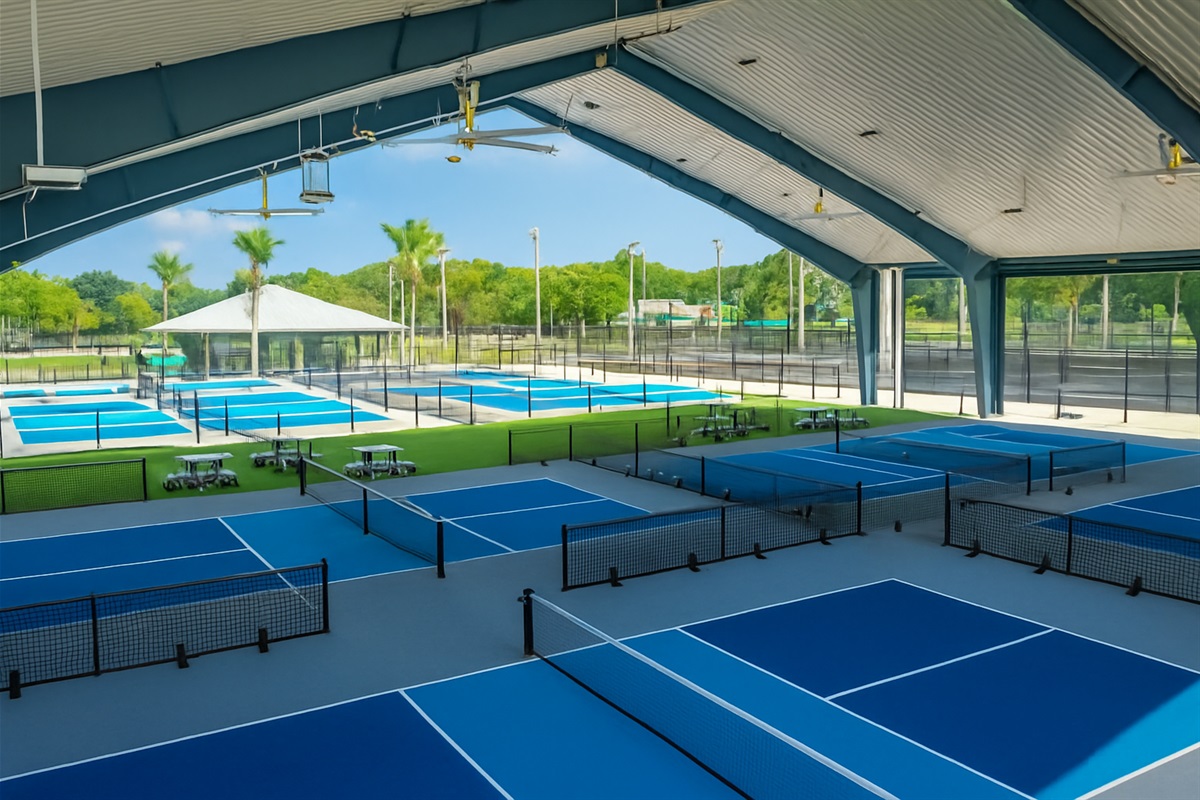 Covered Pickelball courts at the park across the street.