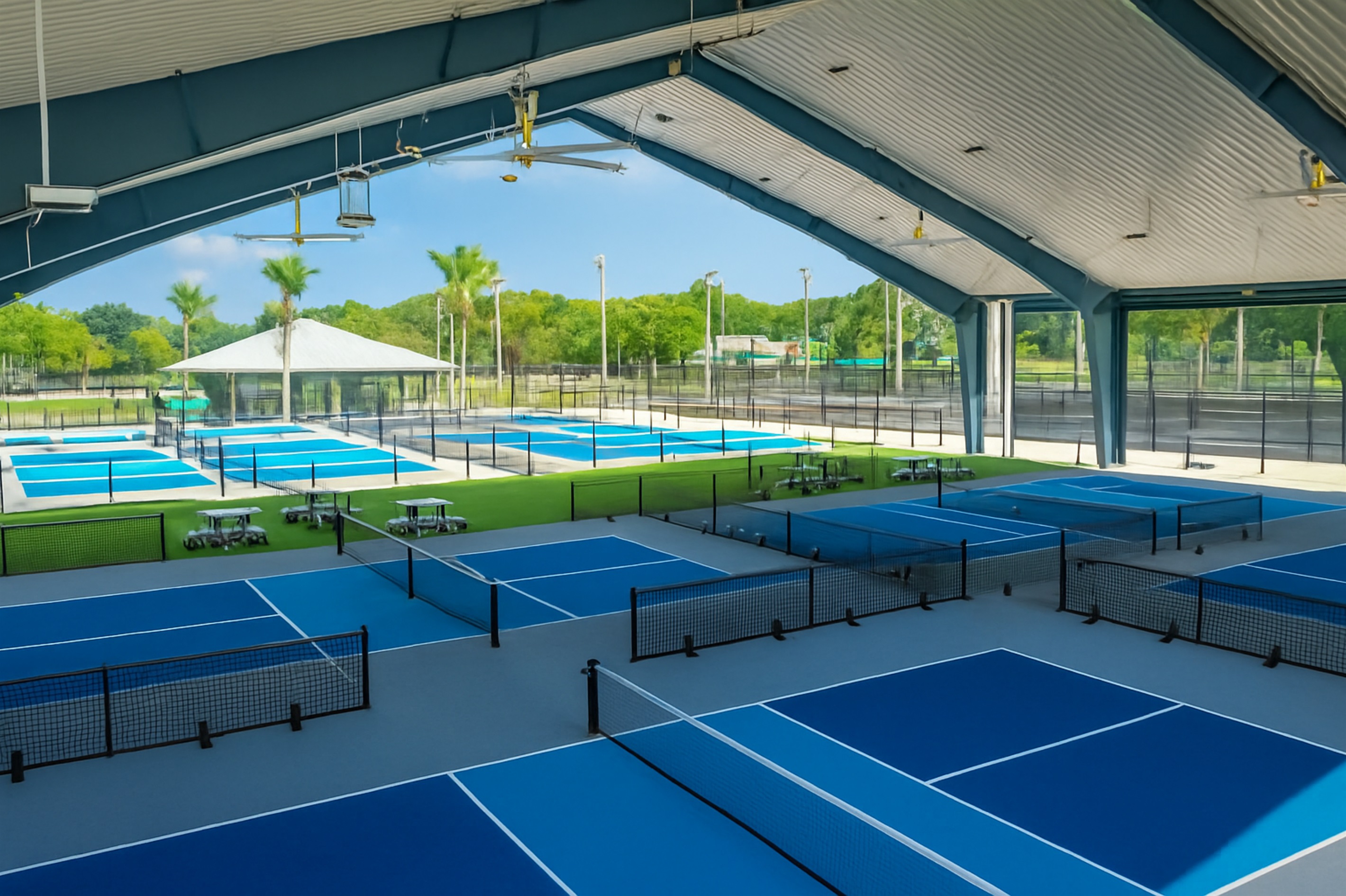 Covered Pickelball courts at the park across the street.