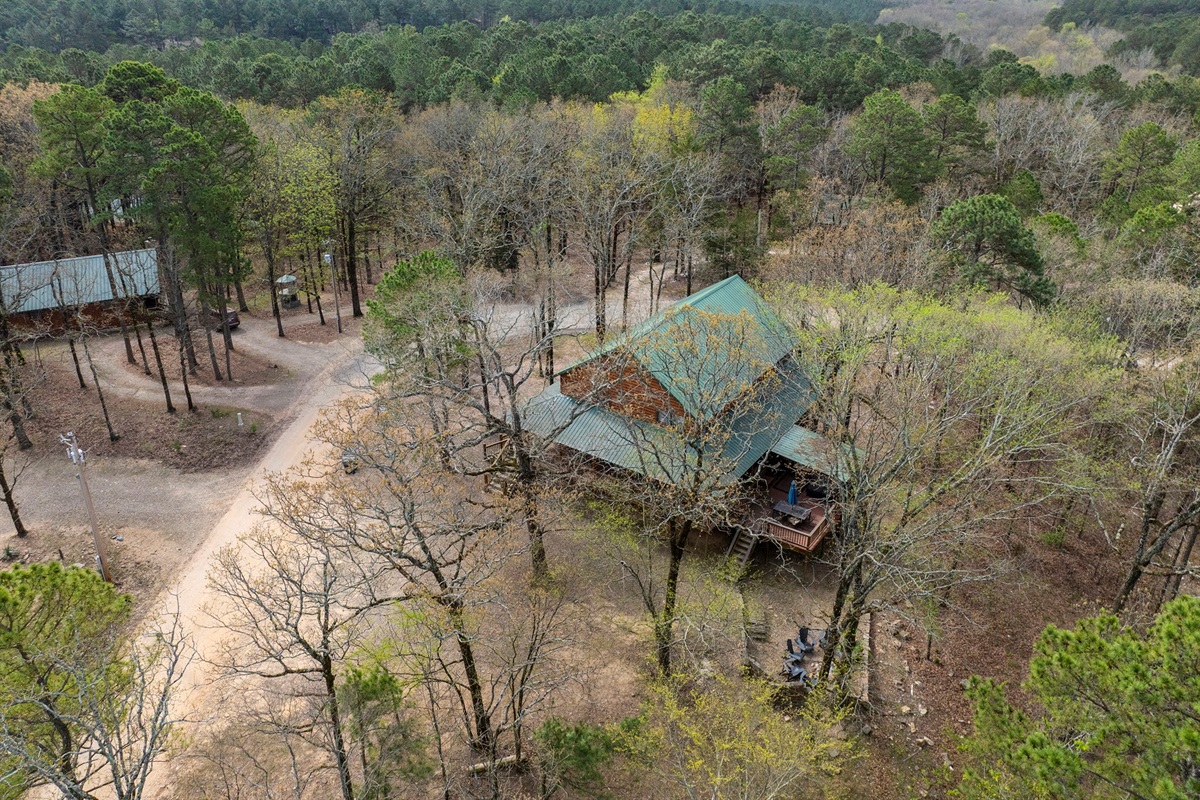 Two Story Cabin with Wrap Around Porch and Fire Pit Area