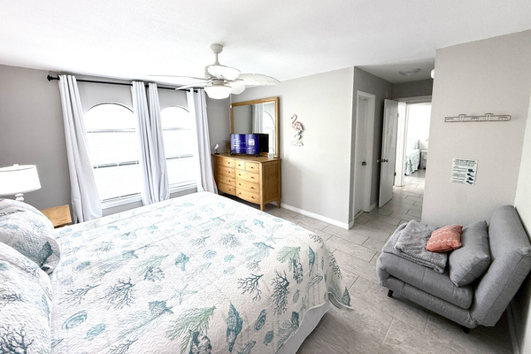 Primary bedroom has a foldout futon for an extra place to sleep
