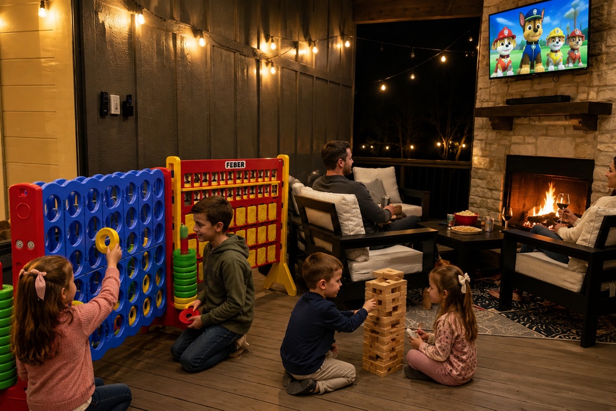 Game Night: Unwind with family games and a crackling fire under twinkling lights!