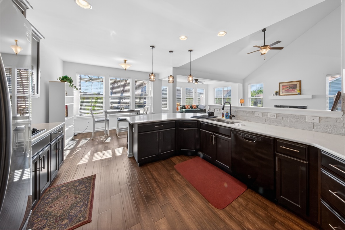 Equipped with all dishes, pots and pans, paper products, cleaning supplies and basic condiments