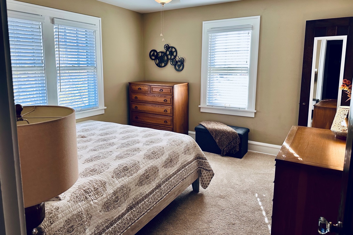 Bedroom #1: This room includes a desk, oversized closet and additional dressing area equipped with it’s own sink.  Blackout curtains have since been added for your enhanced sleeping pleasure.