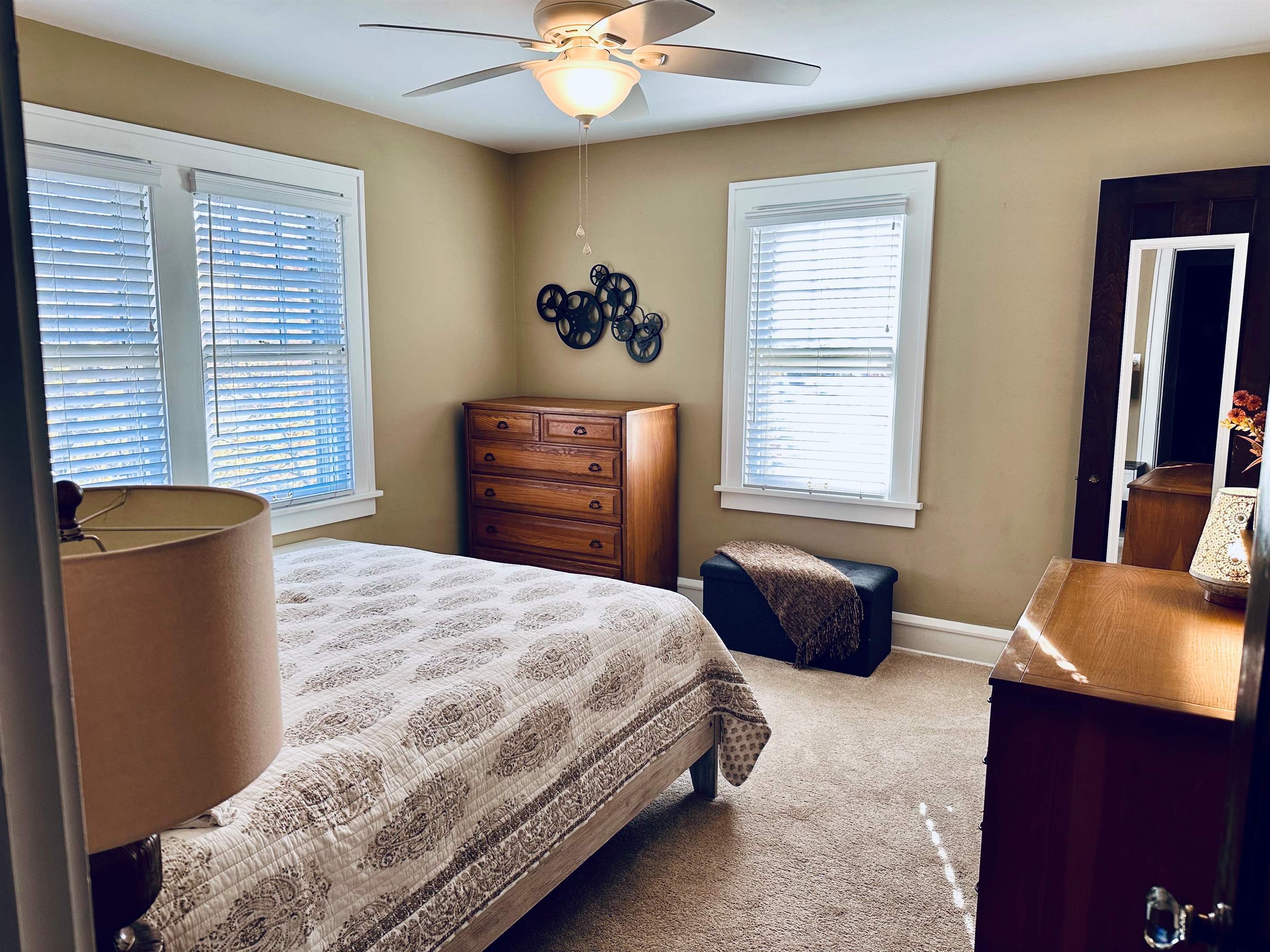 Bedroom #1: This room includes a desk, oversized closet and additional dressing area equipped with it’s own sink.  Blackout curtains have since been added for your enhanced sleeping pleasure.