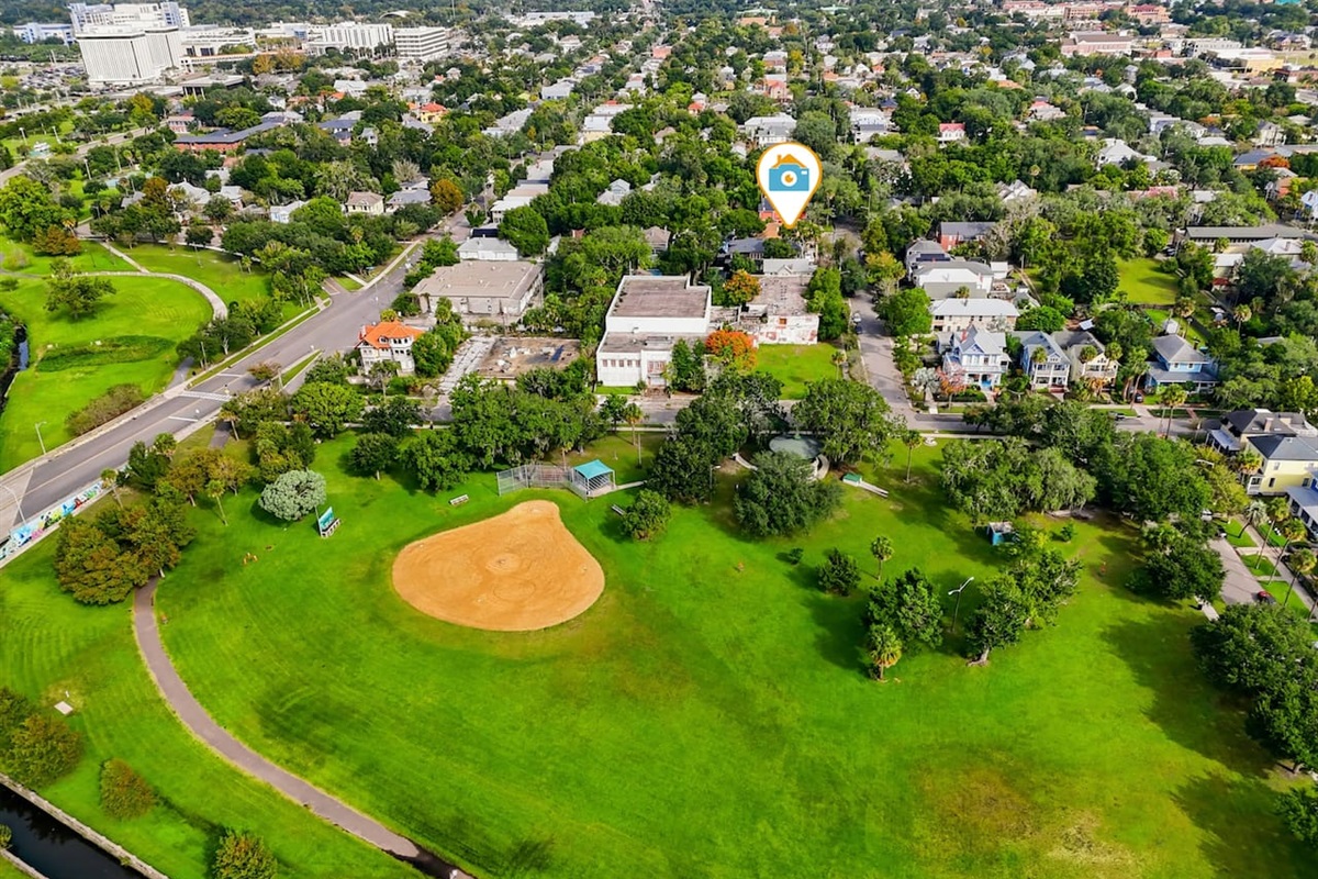 Drone view of where we are located within downtown Springfield