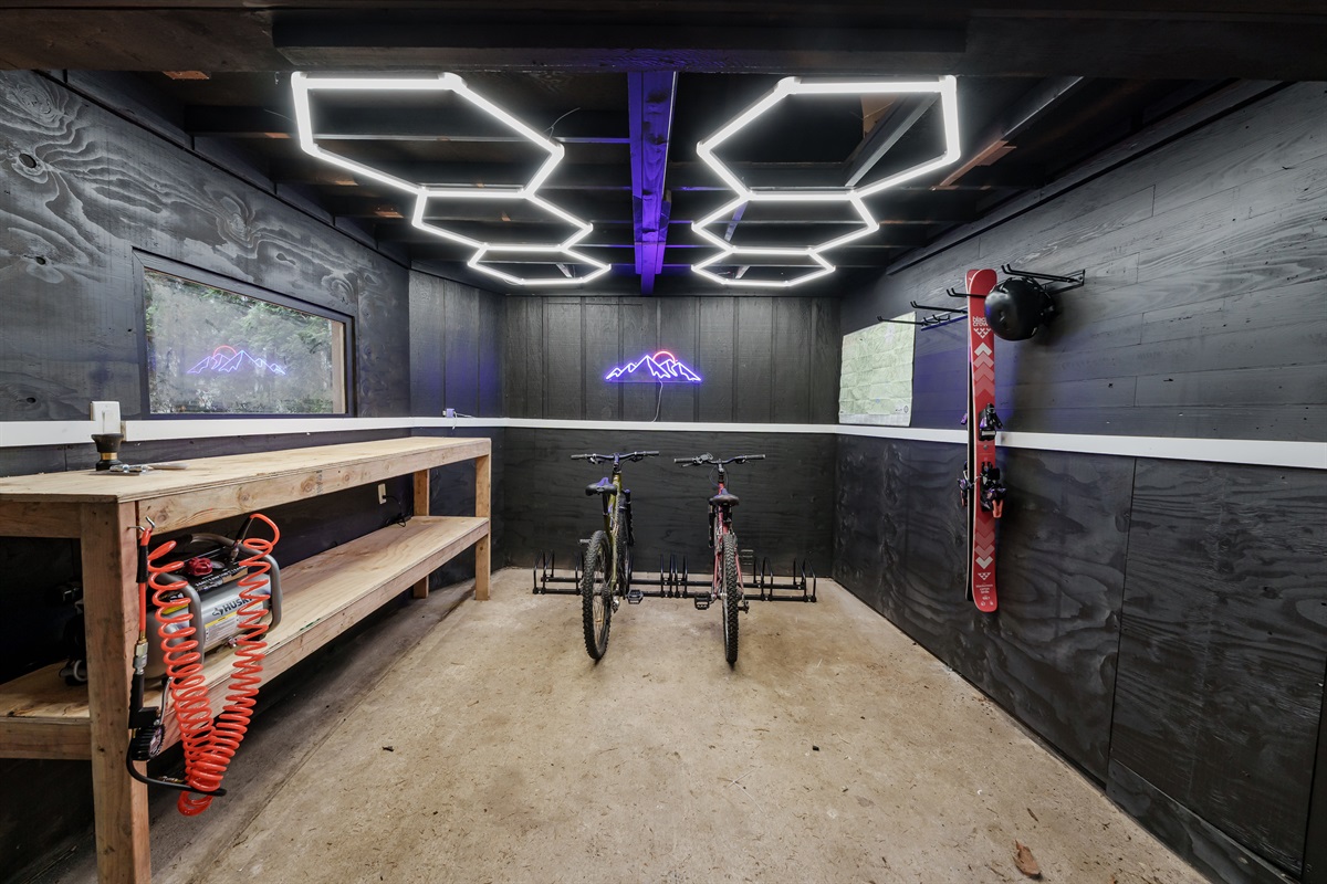 Keep your bikes safe and trail-ready in this private gear shed featuring lockable storage, an air compressor, and room to tune up before exploring the mountain.