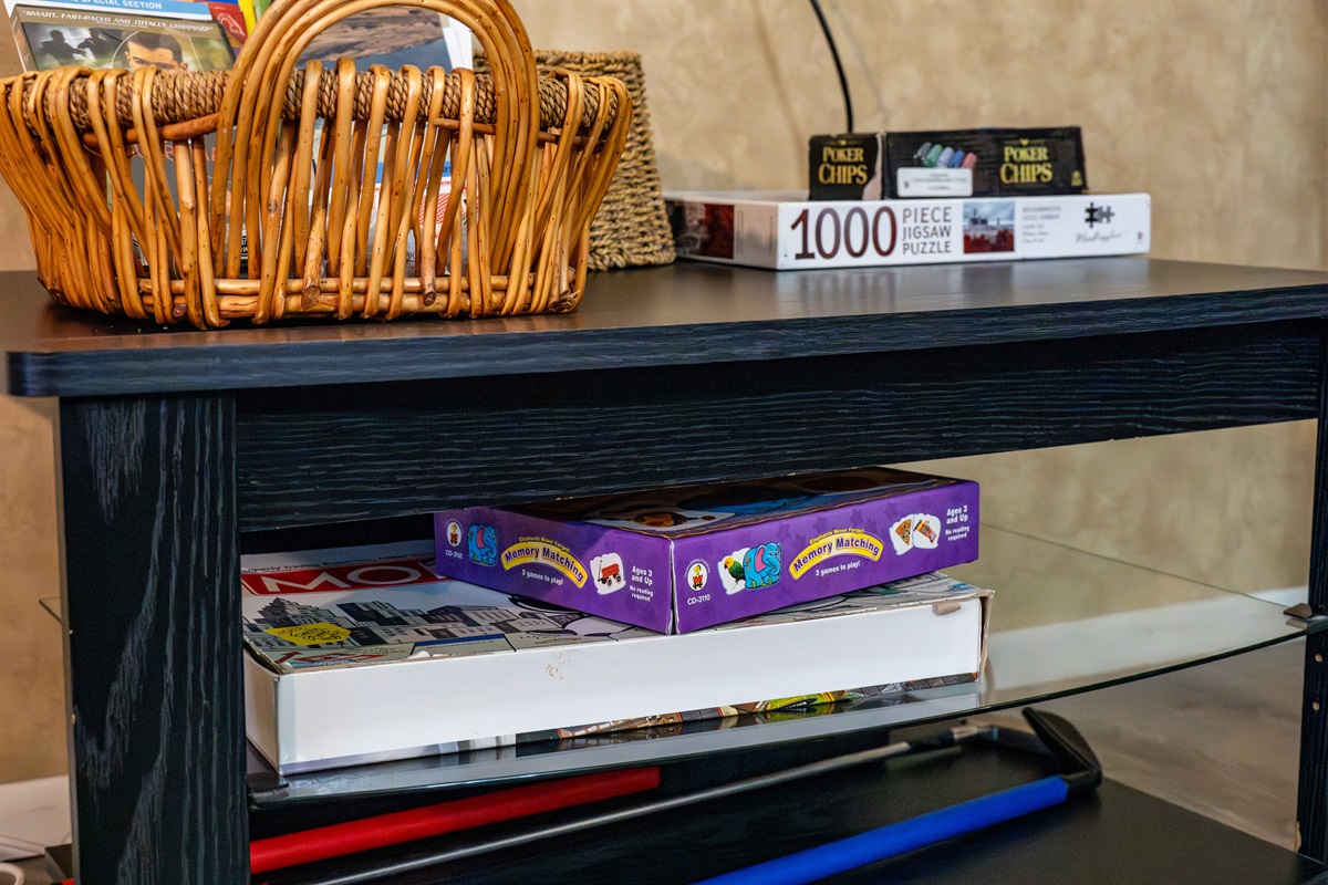 Family-friendly extras including board games and puzzles for relaxing evenings indoors.