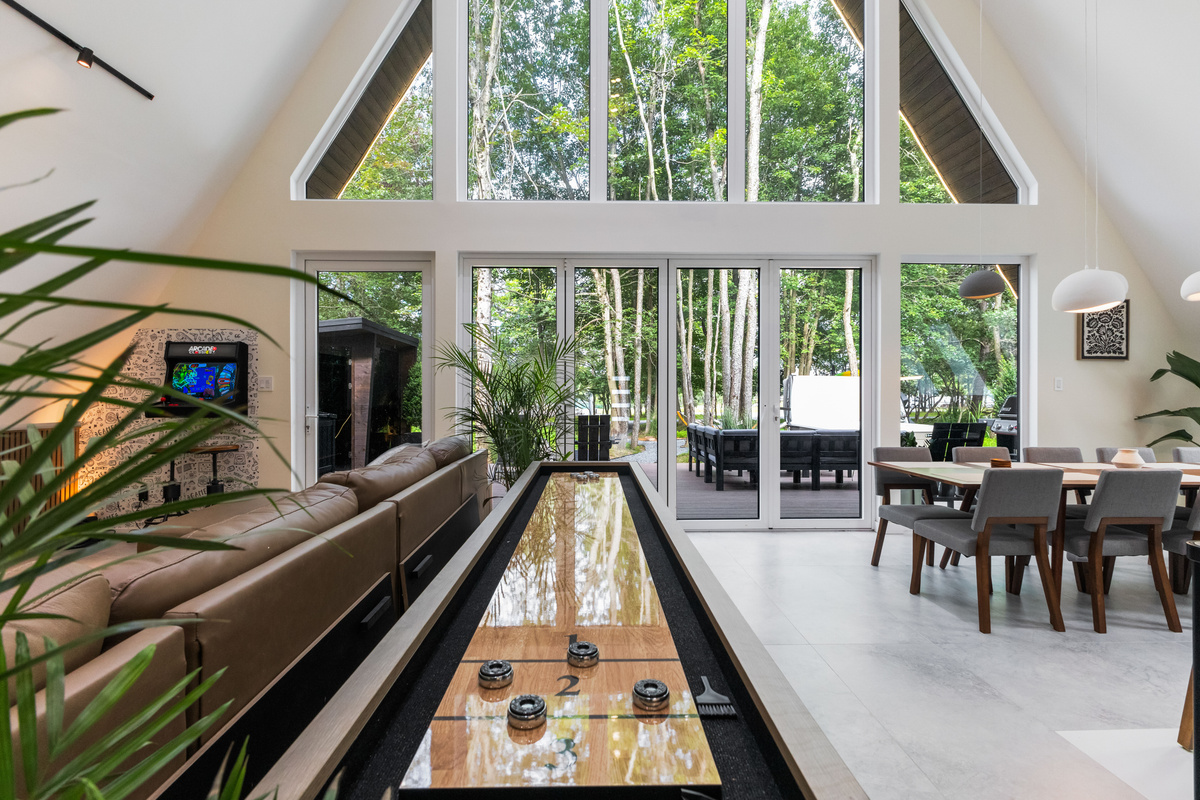 Shuffleboard, sofa, forest, all one room
