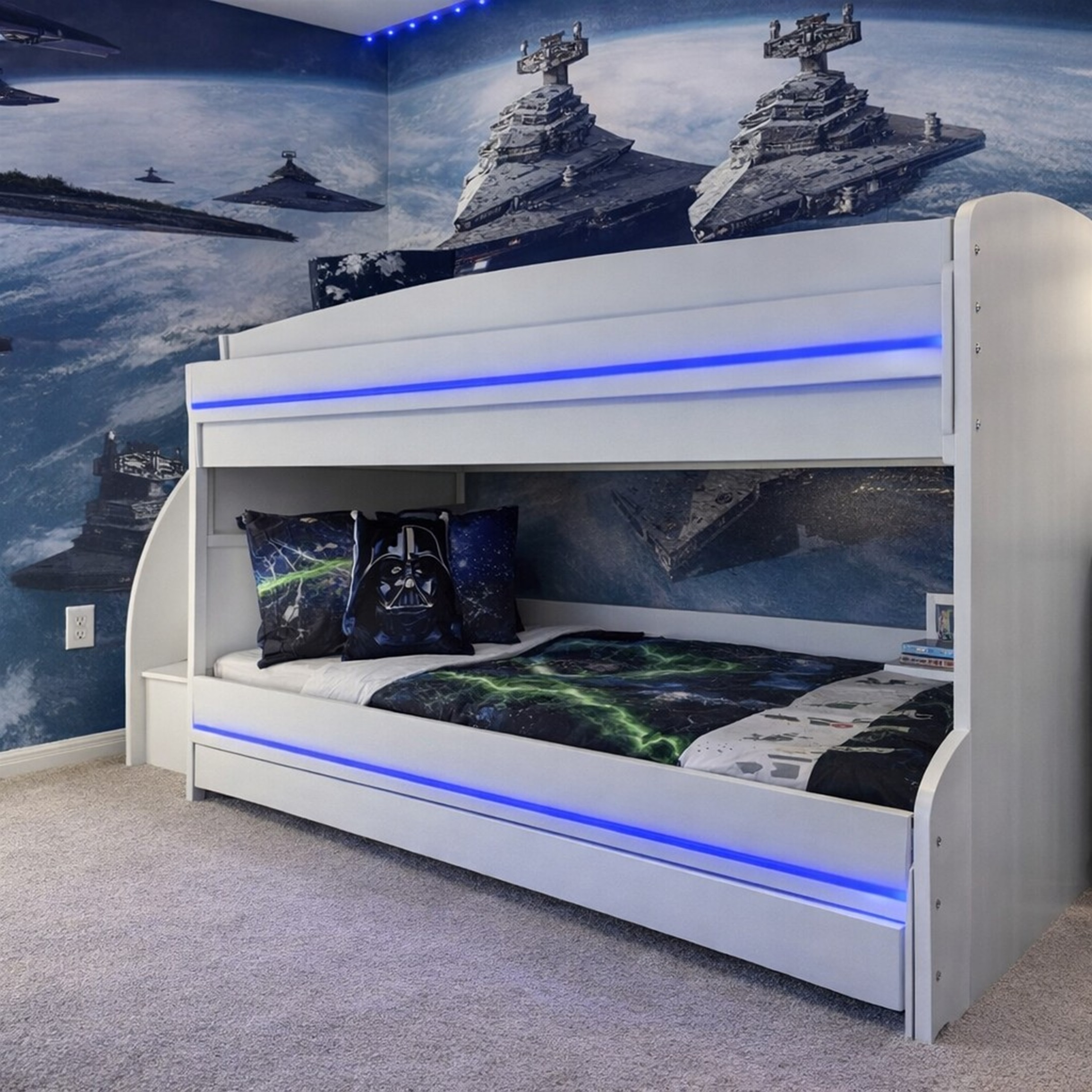 🌟🛏️ Blast off into fun in our Star Wars bunk room with LED lights, Xbox, retro games, 50” Smart TV, and safe bunk heights for kids