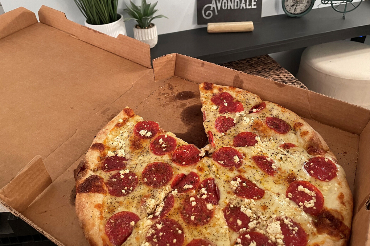 This pizza came from Moon River. They're around the corner.  Mmmm, it was good!
