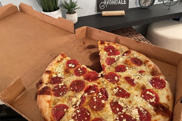 This pizza came from Moon River. They're around the corner.  Mmmm, it was good!