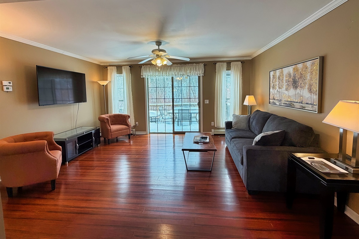 Light filled living room with Smart TV. 