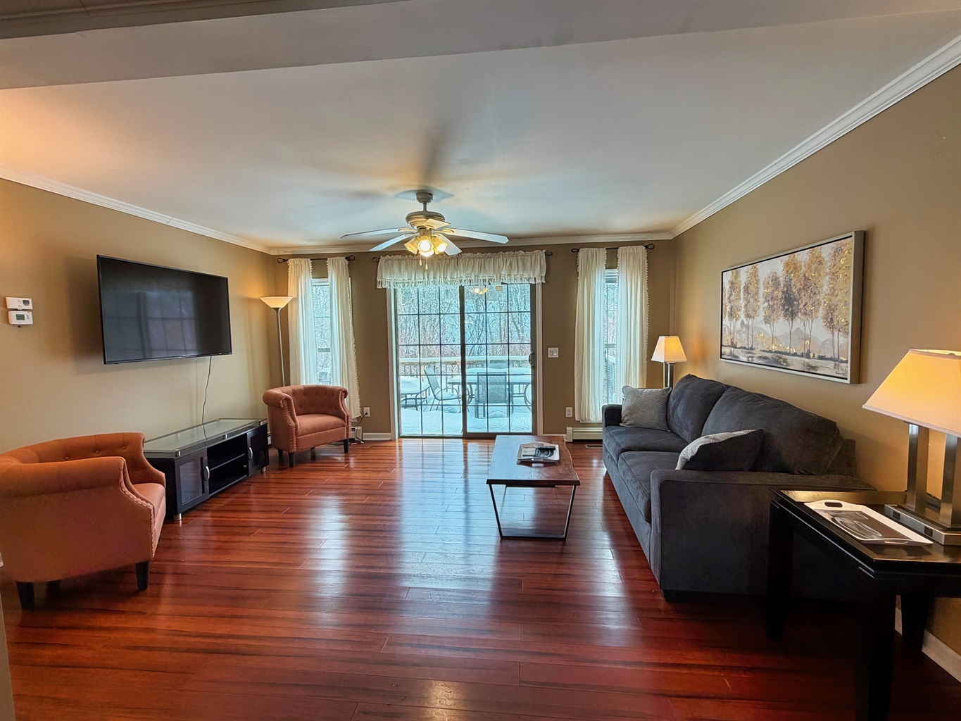 Light filled living room with Smart TV. 