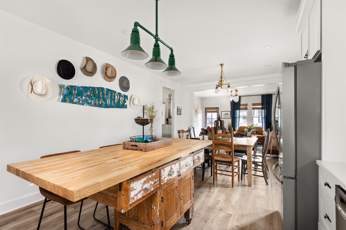 Antique island with additional seating.