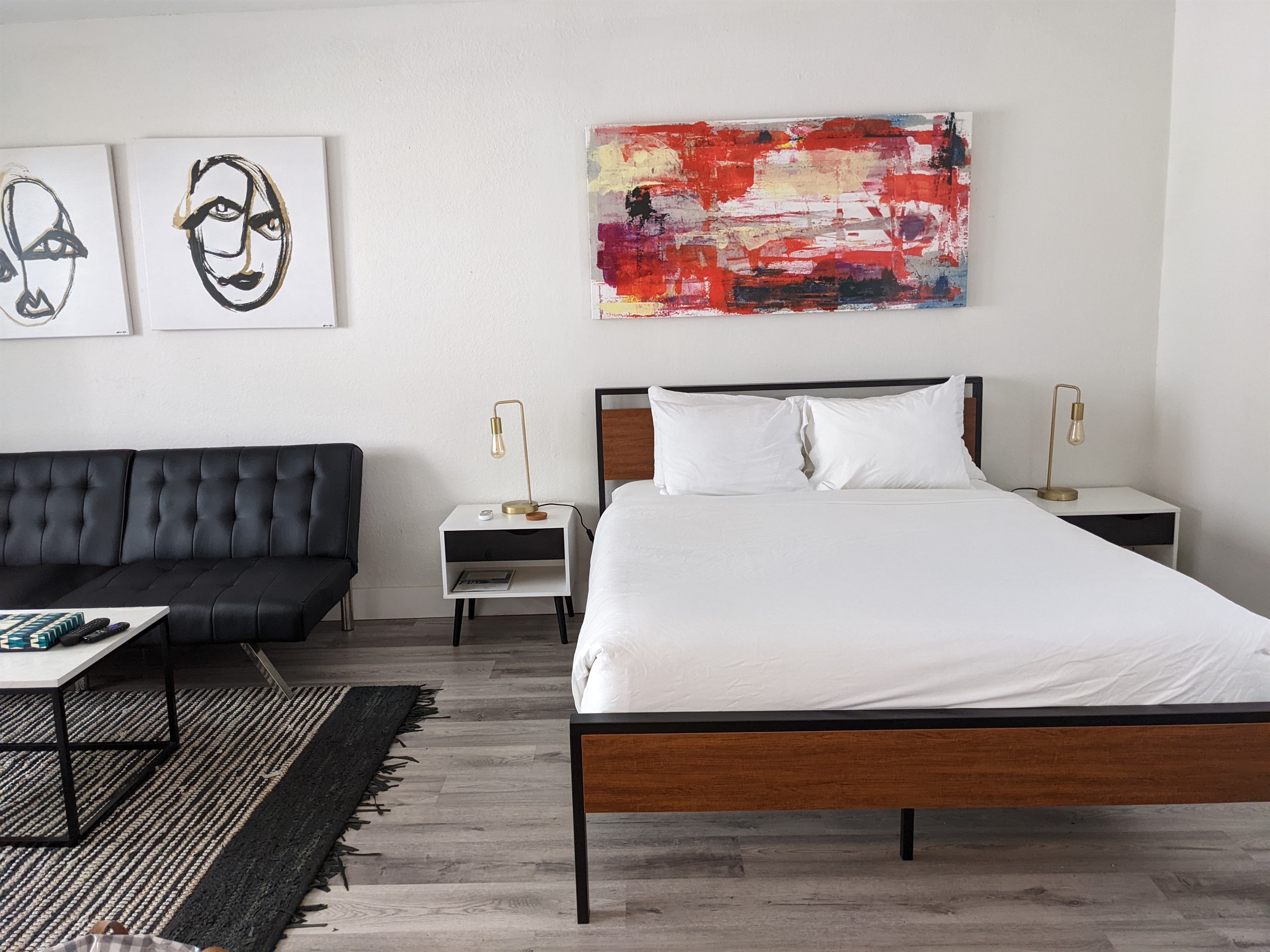 Welcome to your spacious, bright studio with a queen bed, twin sofa bed, and full kitchen.