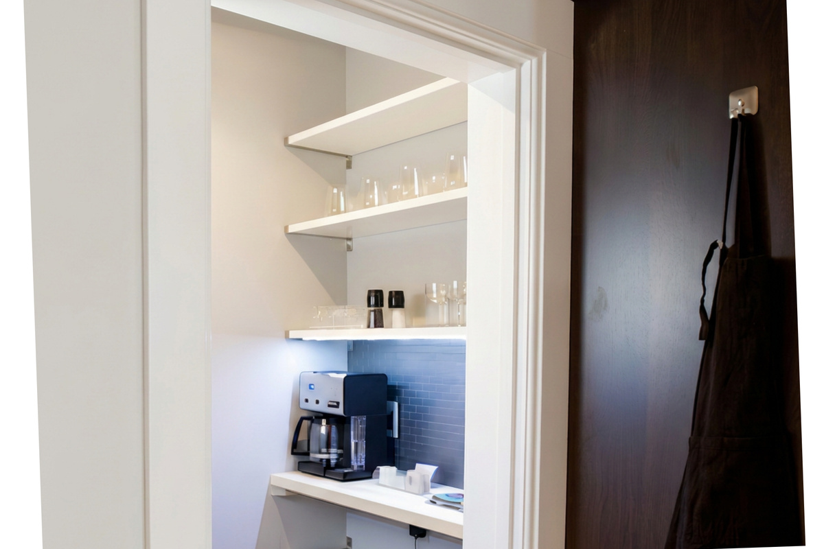 Pantry next to kitchen holds coffee pot, mugs and glassware