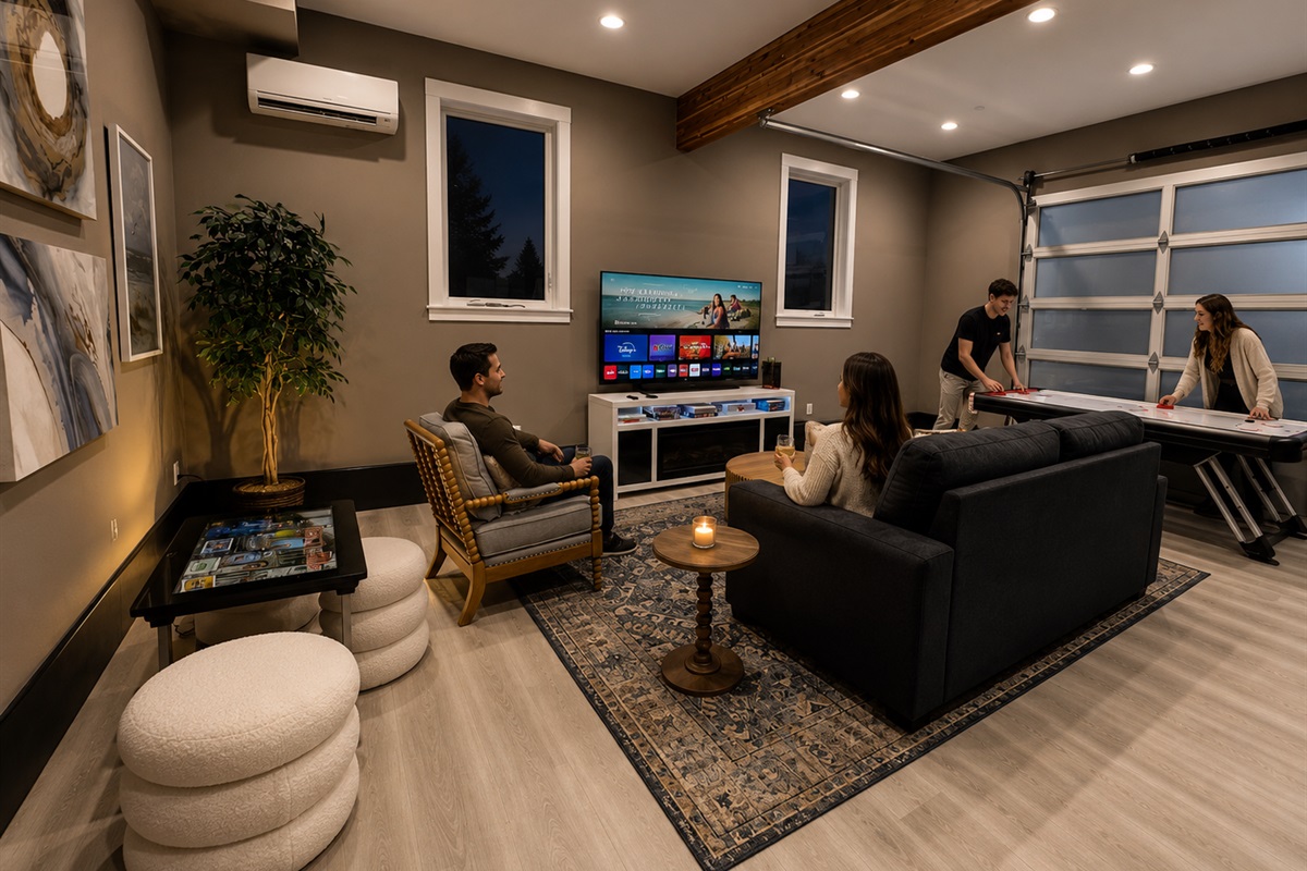 Villa B has a full casual downstairs with a 75-inch theater, Infinity Game Table, air hockey, and room to spread out.