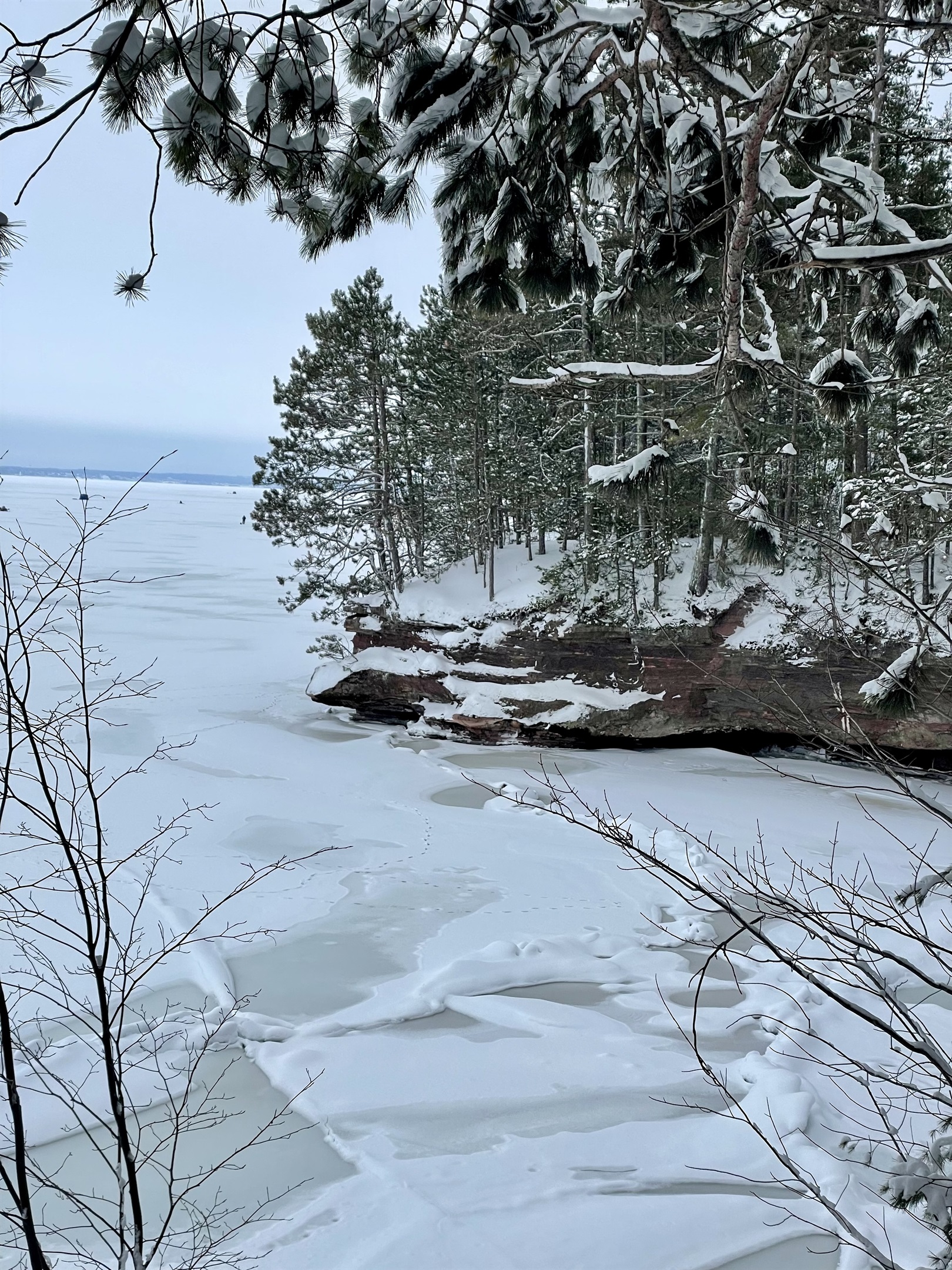 Houghton Falls hiking trail in Washburn, WI 20 min from cottages. 30 min aprox hike brings you to Lake Superior views at the end rock cliffs. Open year-round. Winter scene. 