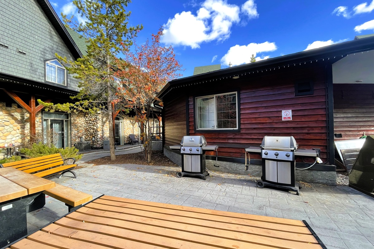 Shared BBQ area with picnic tables located in beautiful open space main courtyard.