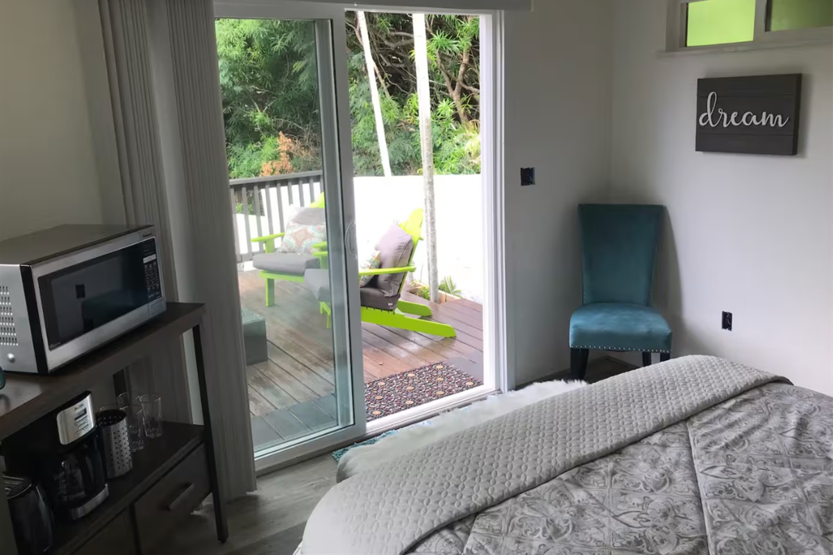 Suite offers mircowave, coffee maker, toaster, small refrigerator, ac, tv, plus private outside deck with firepit( firepit requires $ 50 for full propane tank)