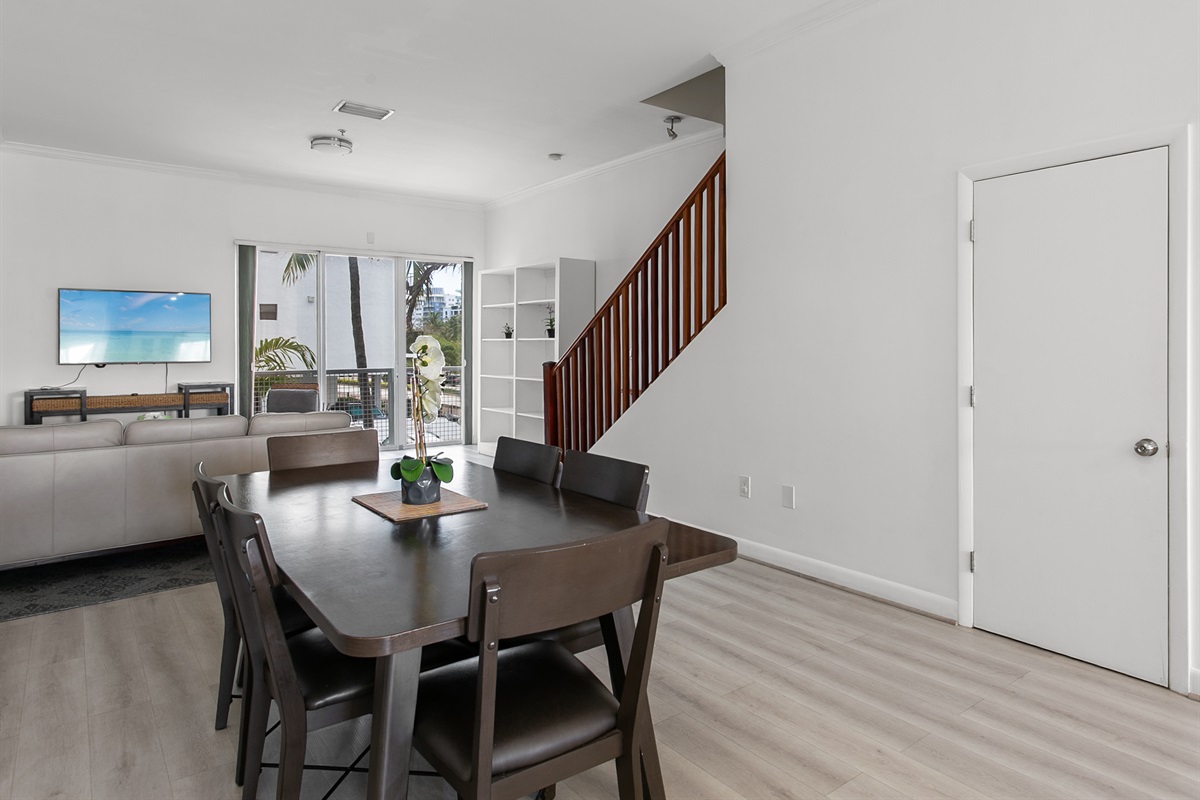 Large dining table with comfortable seating for six