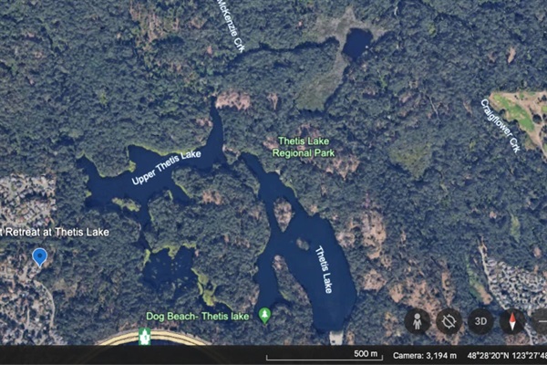 Thetis Lake park trails are just a 1 minute stroll from the property and the lake shore is a 300 meter walk.