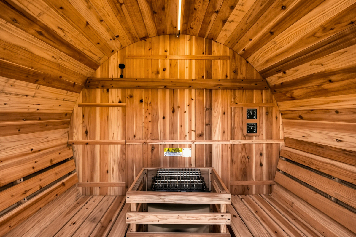 Step inside the sauna for a relaxing addition to your woodland getaway.