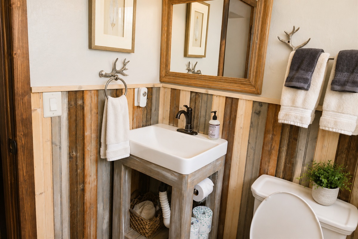 The downstairs bathroom is a full bathroom with Lake Tahoe themed styling. It has a bathtub/shower combo and will be stocked with towels, hair dryer and basic toiletries for your use.  