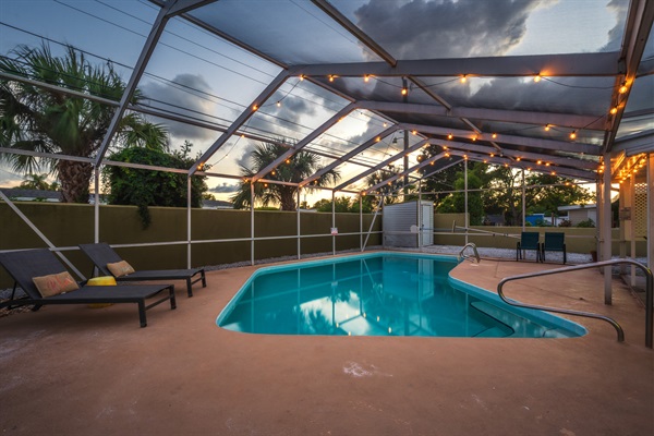 Evening swims just hit different when the pool glows and the string lights sparkle. 🌙 #PoolGoals