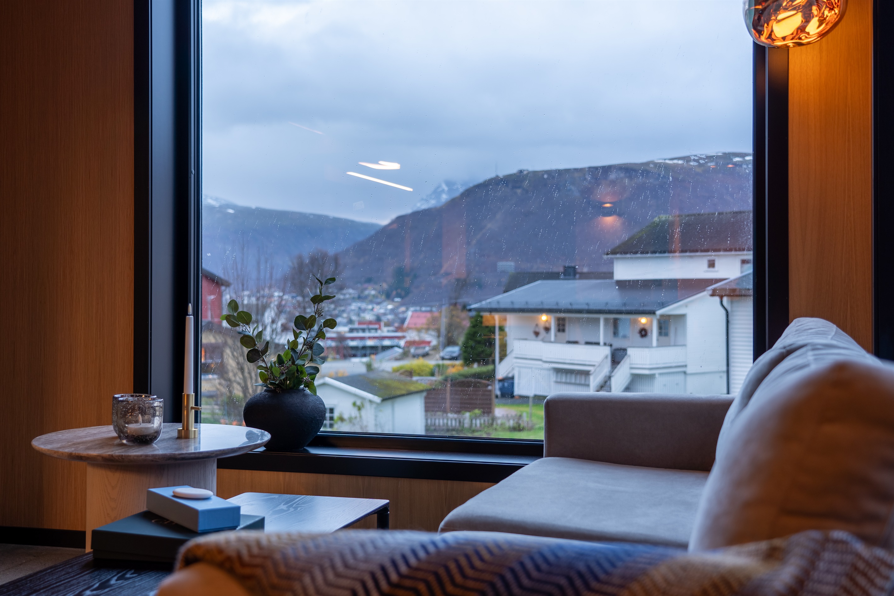 View of the famous mountain Tromsdalstinden and the famous Fjellheisen (gondol)