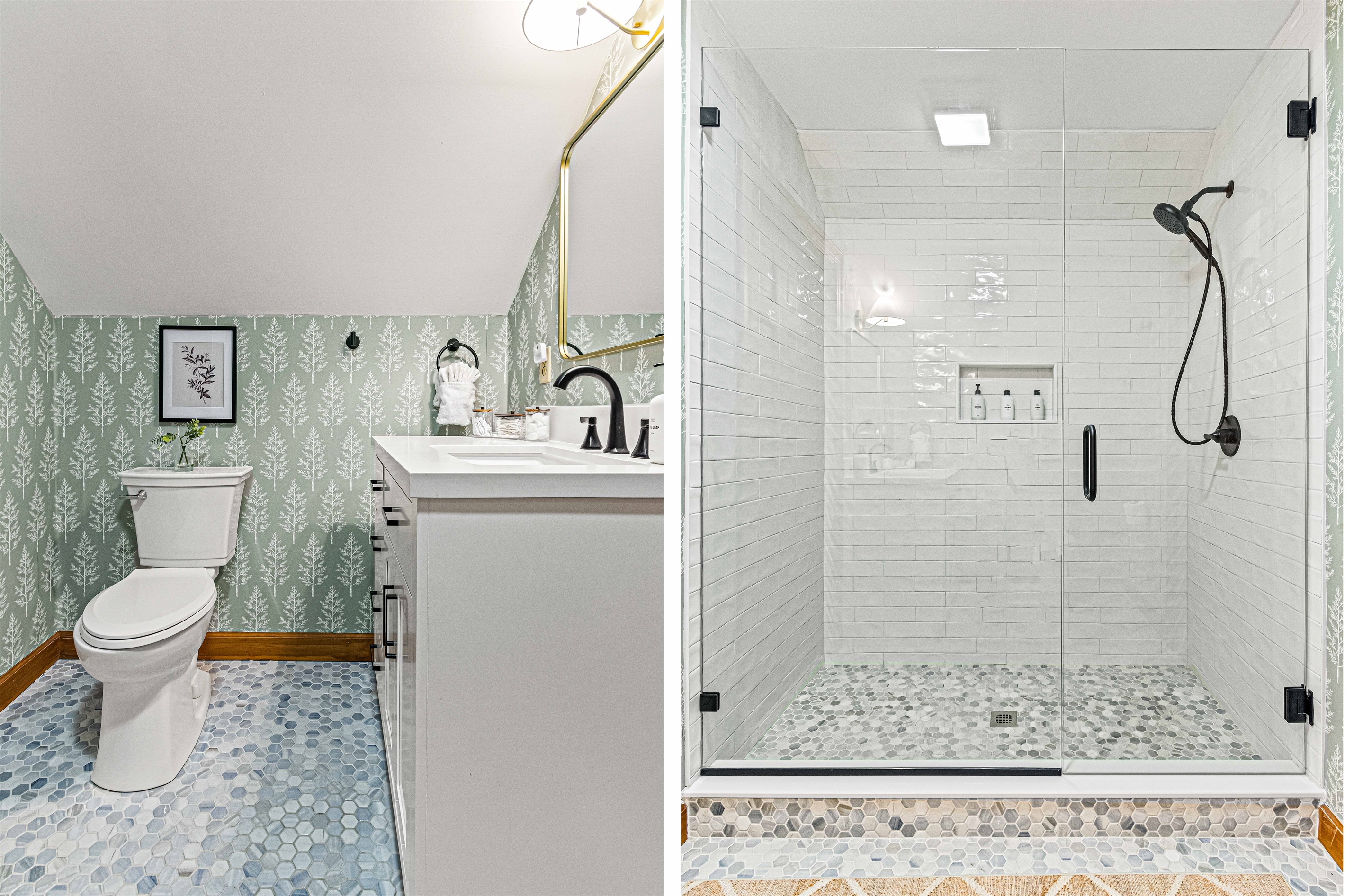 The upstairs suite includes a private bathroom with a modern glass shower and stylish finishes—your own spa-like escape after a day of mountain adventures.🚿✨🌿