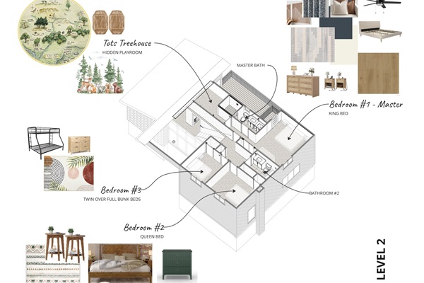 Upstairs floor plan shows three bedrooms and two full baths - including the master bedroom with ensuite (with walk-in shower) - and a secret kids treehouse hideaway for your little travelers. 