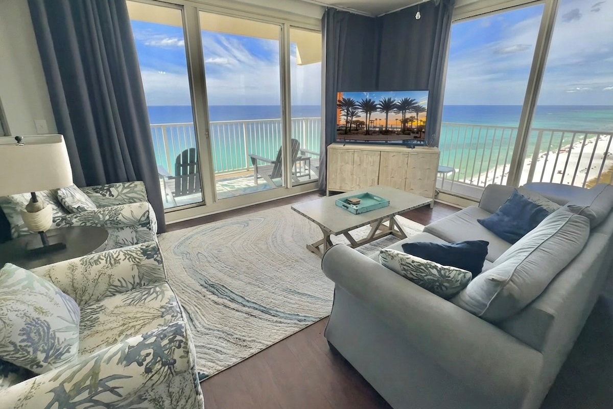 Spacious Gulf-front living area with panoramic views.