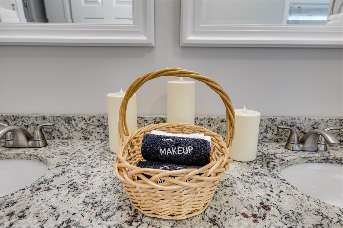 We provide re-usable black makeup towels as a sustainable alternative to disposables. Soft, durable, and easy to use! Enjoy your stay while being mindful of the planet!