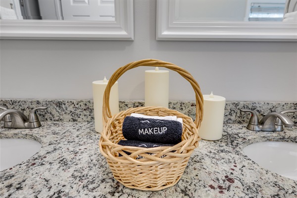 We provide re-usable black makeup towels as a sustainable alternative to disposables. Soft, durable, and easy to use! Enjoy your stay while being mindful of the planet!